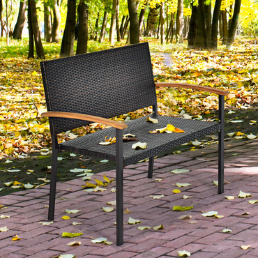 Banc en osier Tangkula pour terrasse, banc en rotin toutes saisons avec accoudoirs en bois d'acacia, causeuse d'extérieur