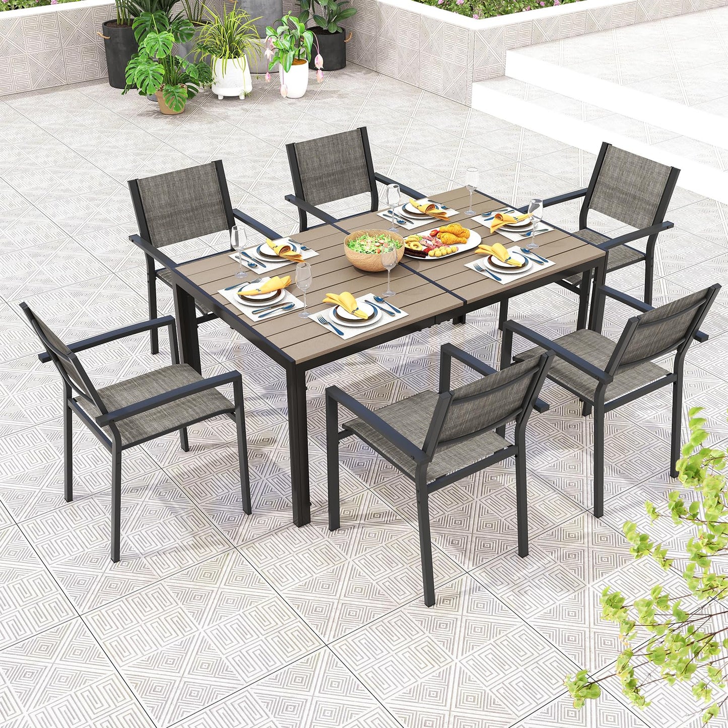 Tangkula Outdoor Rectangle Dining Table, 59” x 35” Large Outside Table with Metal Legs