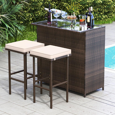 Ensemble de bar de patio 3 pièces Tangkula, table de bar d'extérieur en rotin et 2 tabourets avec plateau en verre trempé, rangement à 2 niveaux