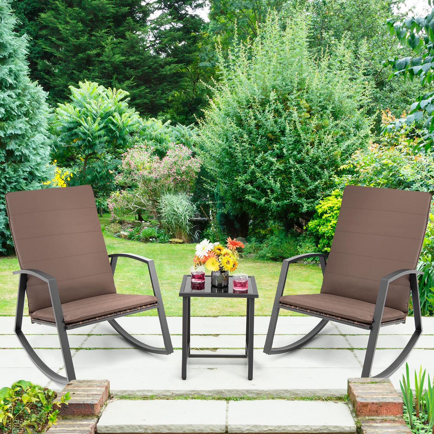 Tangkula 3 Pieces Patio Rocking Bistro Set, PE Rattan Rocking Chairs with Tempered Glass Side Table