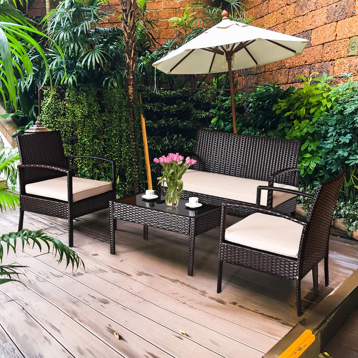 Tangkula 4 or 8 Piece Rattan Patio Furniture Set for Porch