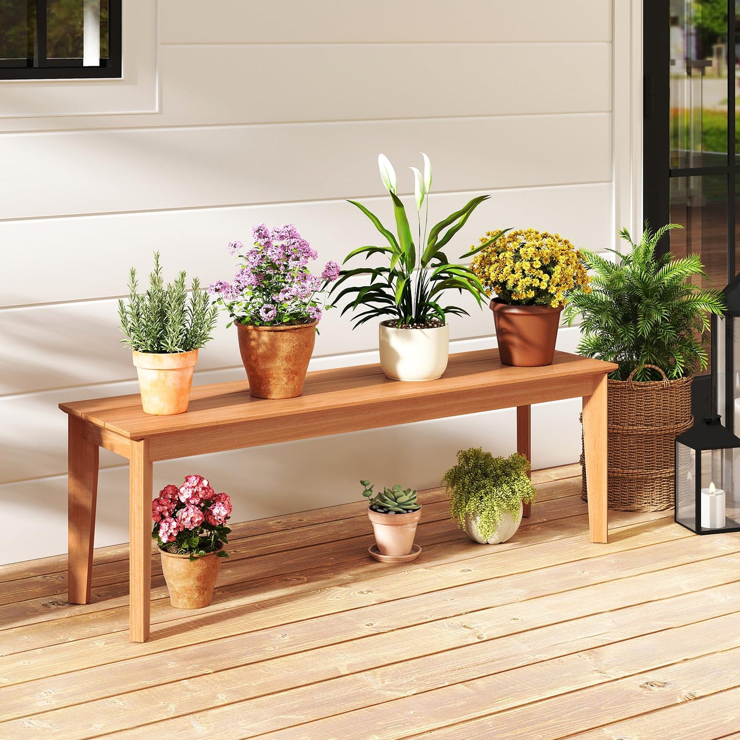 Tangkula 55" Teak Wood Bench 3-Person Backless Seating
