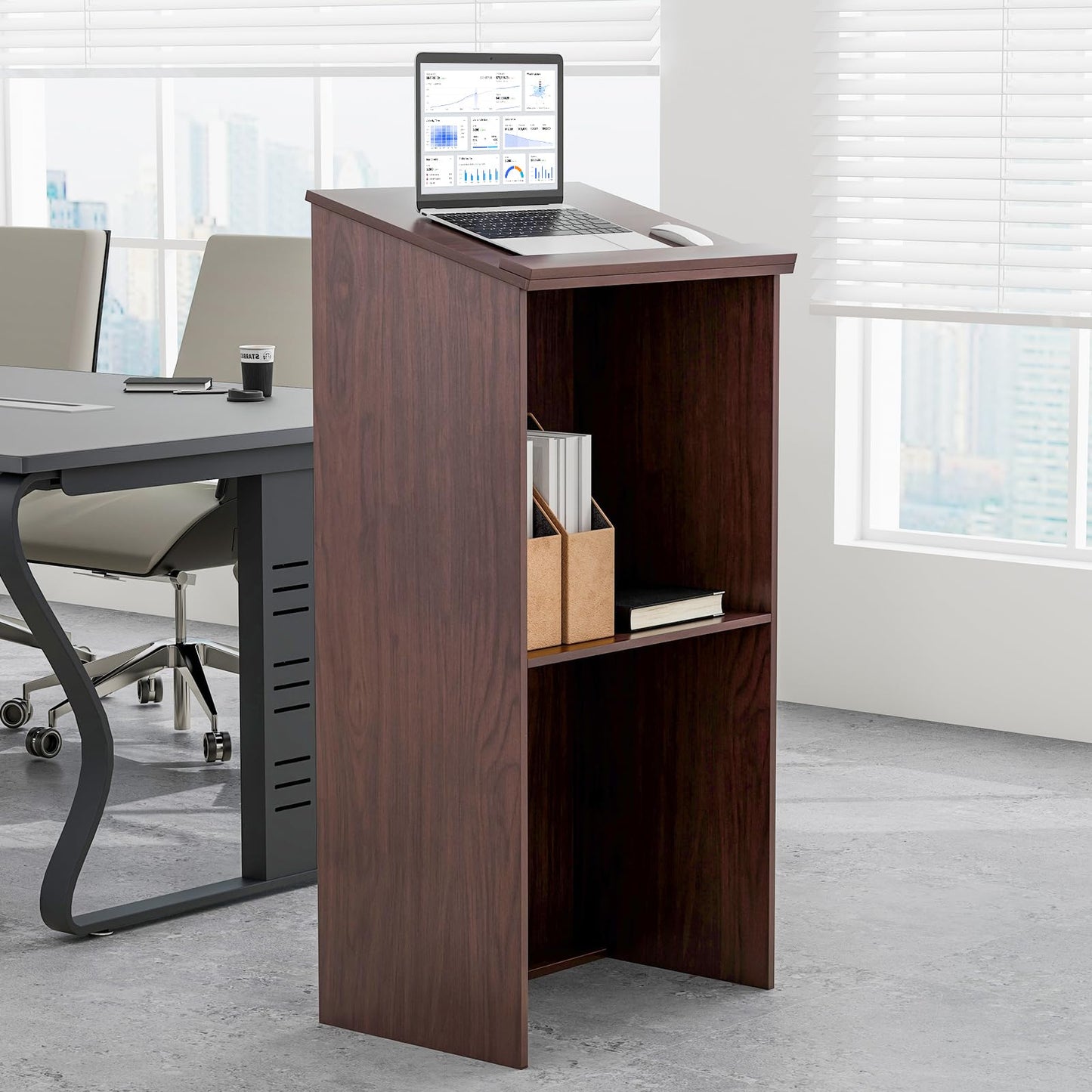 Tangkula Floor Standing Podium, Wooden Speaking Lectern with Adjustable Shelf