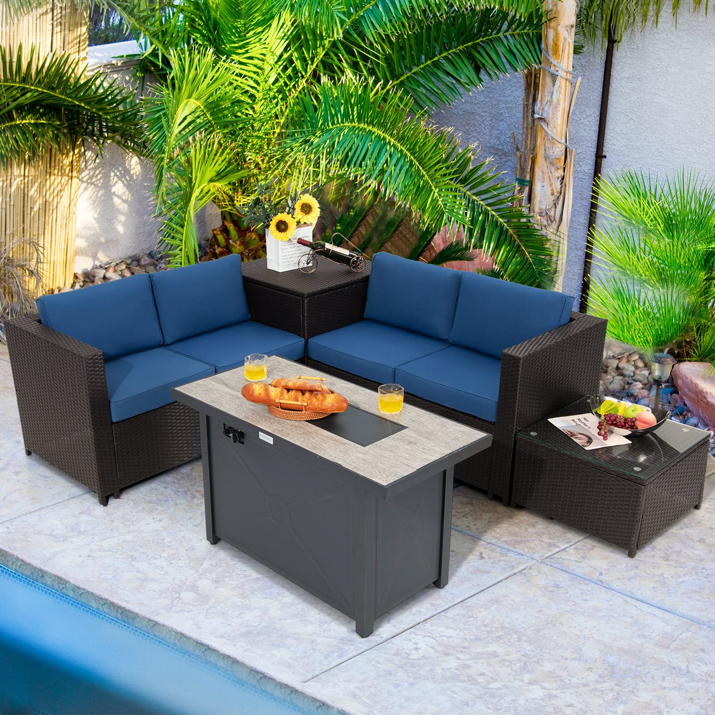 Tangkula 5-Piece Patio Furniture Set with 42 Inches Propane Fire Pit Table, Outdoor Wicker Conversation Set with Cushions