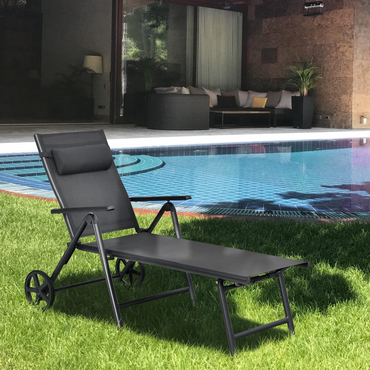 Chaise longue de patio Tangkula avec roulettes, Chaise longue de jardin pliante avec 7 positions de dossier réglables