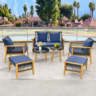 Ensemble de conversation d'extérieur 7 pièces Tangkula, ensemble de chaises en rotin Patiojoy avec 2 tables basses et 2 poufs