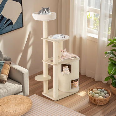 Tangkula 60 Inch Multi Level Modern Wooden Cat Tower with 2 Story Condo