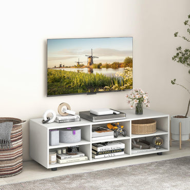 Meuble TV blanc Tangkula pour téléviseurs jusqu'à 55 pouces, meuble TV avec 6 compartiments de rangement, étagères réglables sur 5 positions