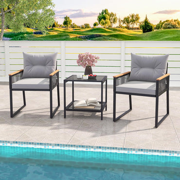 Tangkula 3 Piece Outdoor Conversation Set, Rattan Armchairs with 2-Layer Side Table
