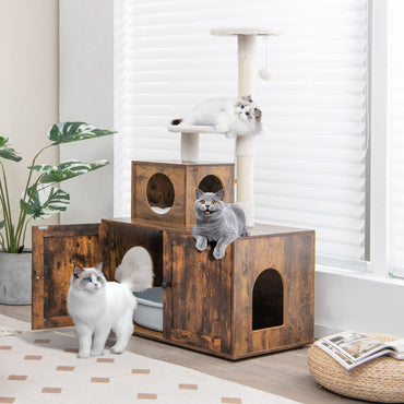 Meuble Cache-Litière Tangkula avec Arbre à Chat, Maison de Toilette Cachée 2-en-1 avec Niche pour Chat