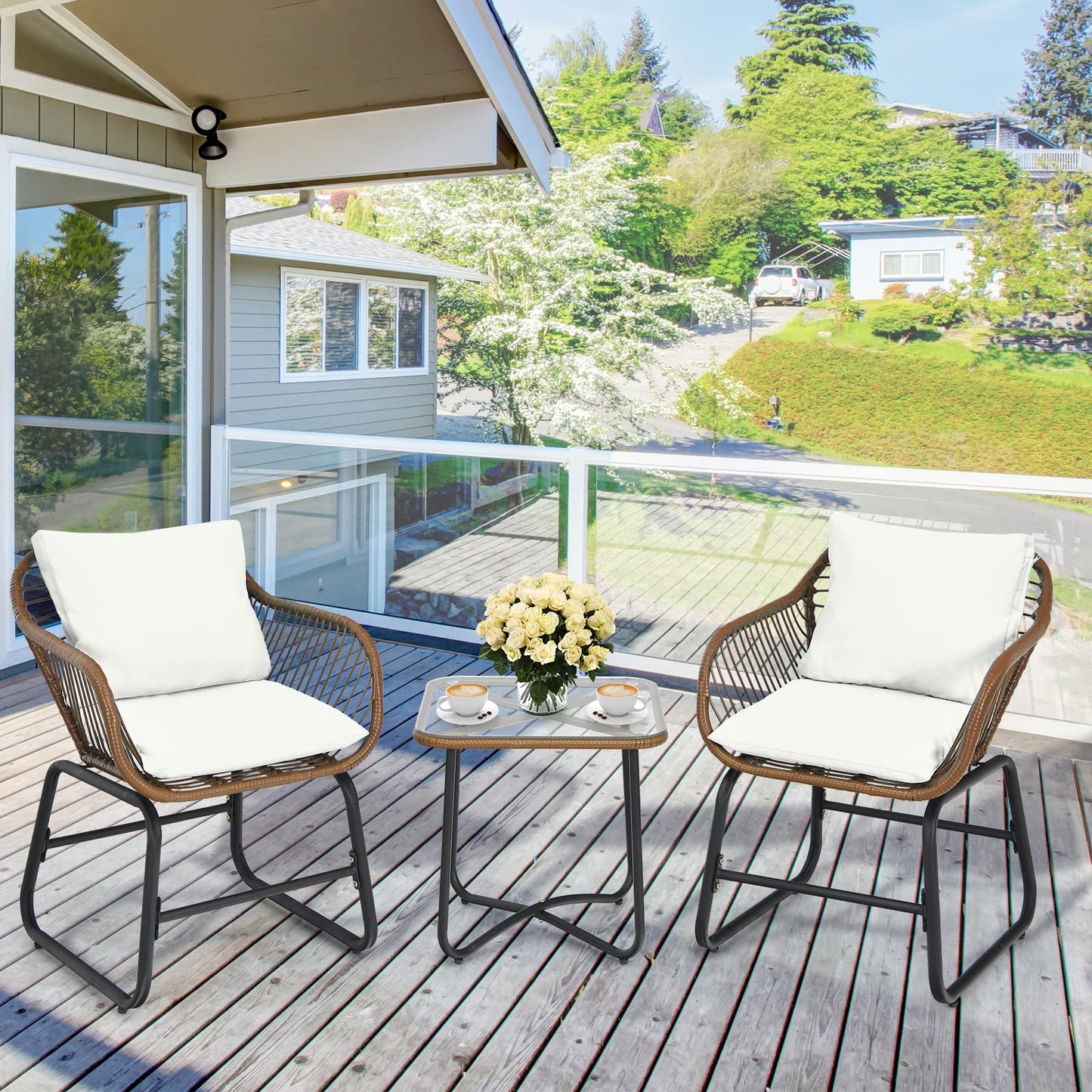 Tangkula 3 Pieces Patio Bistro Set with Comfortable Cushions & Adjustable Foot Pads