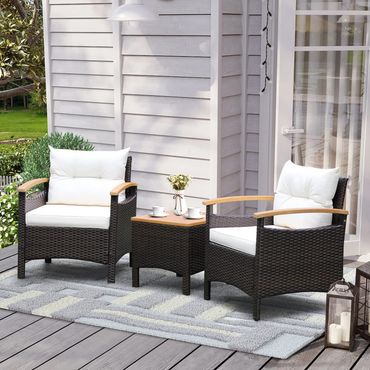Ensemble de mobilier de patio 3 pièces Tangkula, ensemble de canapés de jardin en rotin Patiojoy avec table basse, ensemble de conversation de patio avec coussins amovibles