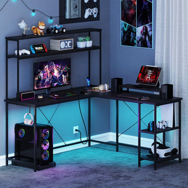 Tangkula L-Shaped Desk with LED Strip & Power Outlets