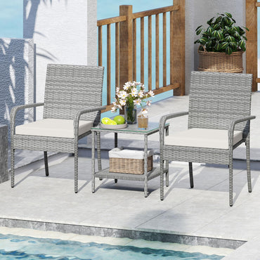 Tangkula 3 Pieces Patio Furniture Set with 2 Tier Tempered Glass Tabletop Table