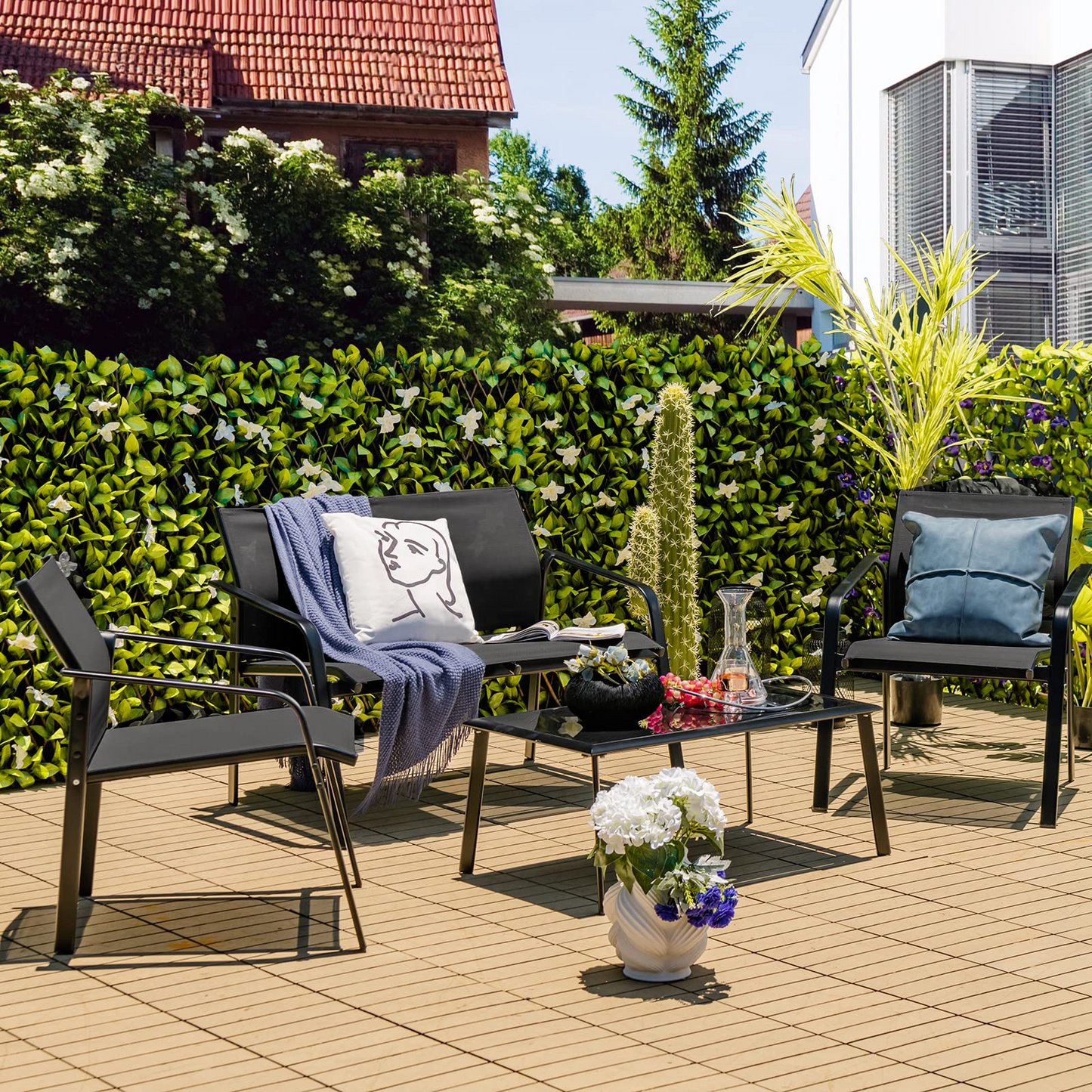 Tangkula 4 Pieces Patio Furniture Set, Outdoor Conversation Set with Tempered Glass Coffee Table