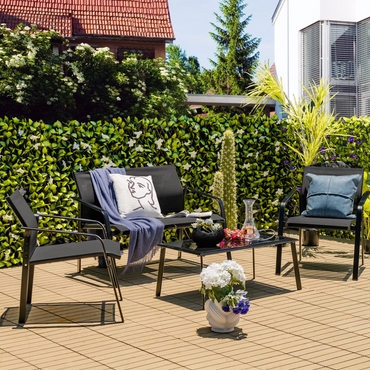 Ensemble de meubles de patio Tangkula 4 pièces, ensemble de conversation extérieur avec table basse en verre trempé