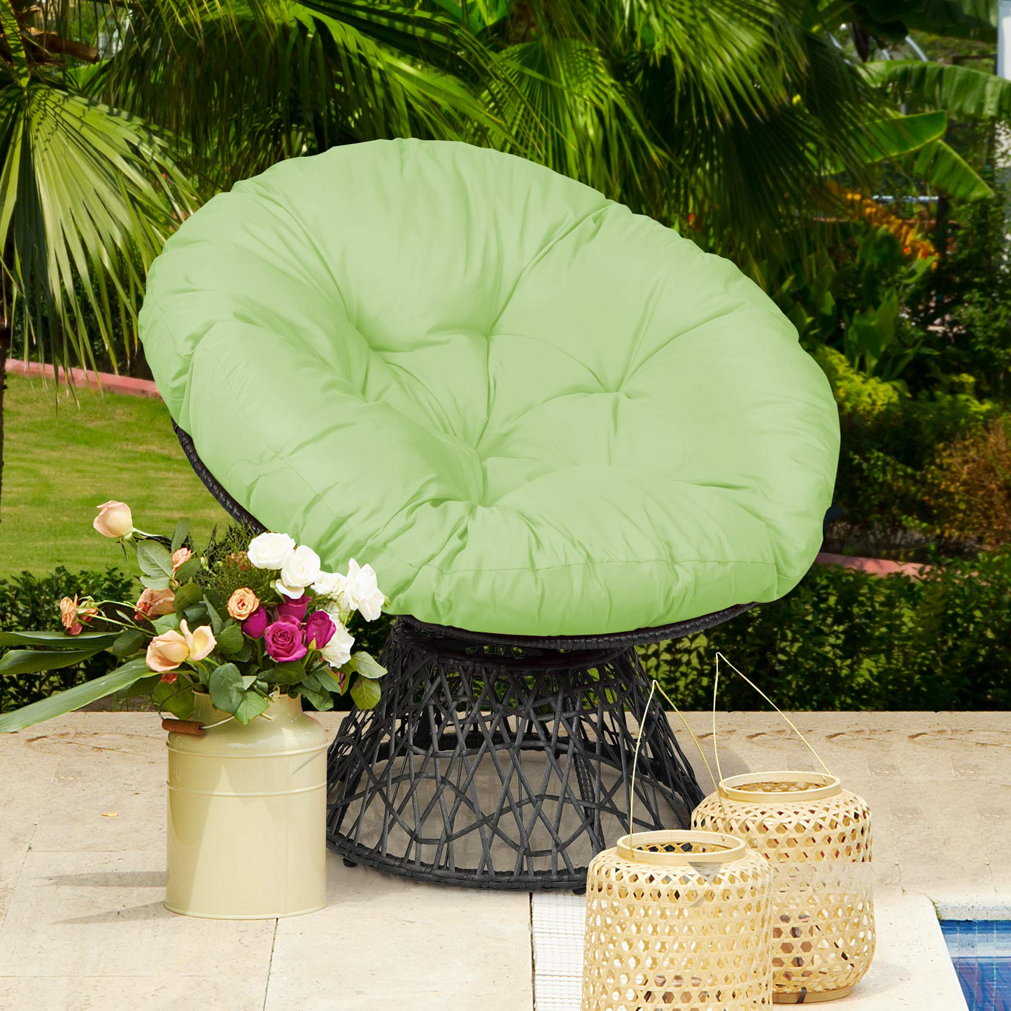 Tangkula Papasan Chair Rattan Ergonomic Chair w/ 360-degree Swivel and Soft Cushion, Solid Structure & Stable Base