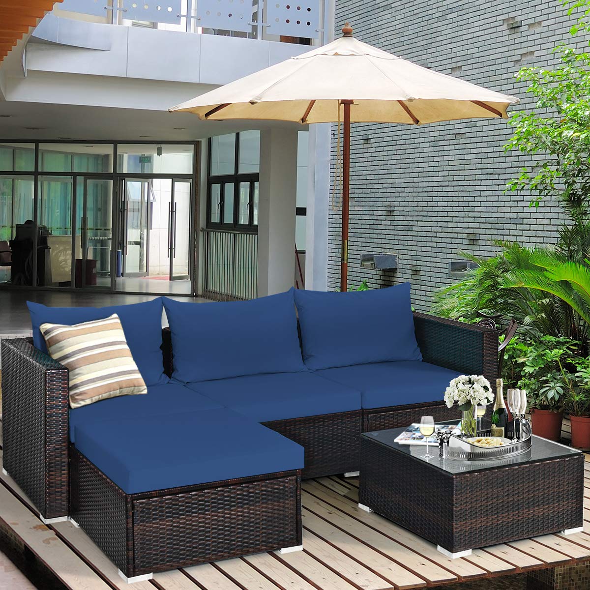 Tangkula 5 Piece Outdoor Patio Furniture Set with Glass Top Coffee Table