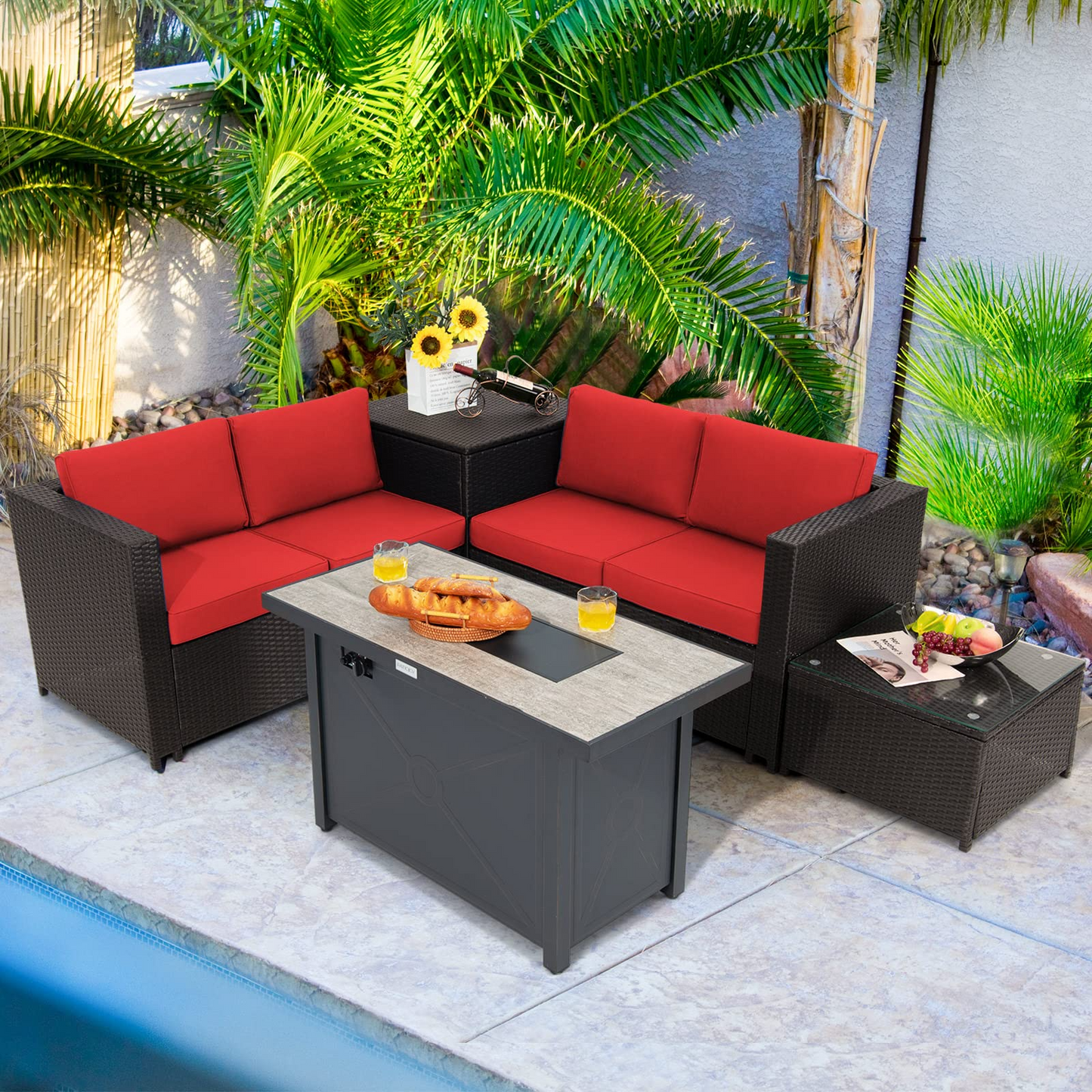 Tangkula 5-Piece Patio Furniture Set with 42 Inches Propane Fire Pit Table, Outdoor Wicker Conversation Set with Cushions