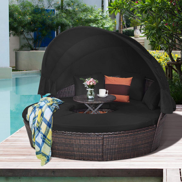 Tangkula Lit de repos rond de terrasse avec auvent rétractable, ensembles de meubles d'extérieur en rotin osier