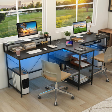 Bureau d'ordinateur réversible Tangkula pour 2 personnes avec lumières LED, bureau de 240 cm de long avec prises de courant