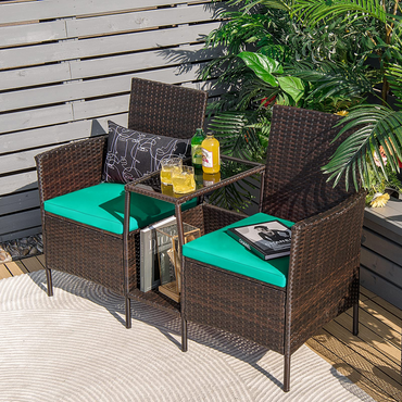 PE Wicker Outdoor Furniture Set, 2 Cushioned Seats and Tempered Glass Table
