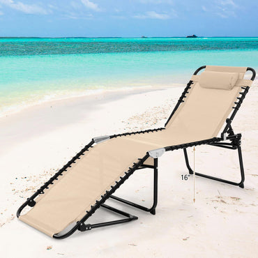 Tangkula Foldable Beach Lounge Chair for Outdoor, Reclining Chair with Removable Headrest