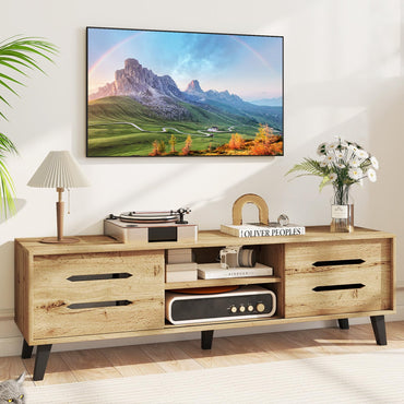 Tangkula Mid Century Modern TV Stand with Sliding Doors for 65” TVs
