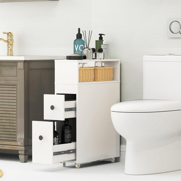 Tangkula Bathroom Storage Wood Bathroom Rolling Floor Cabinet