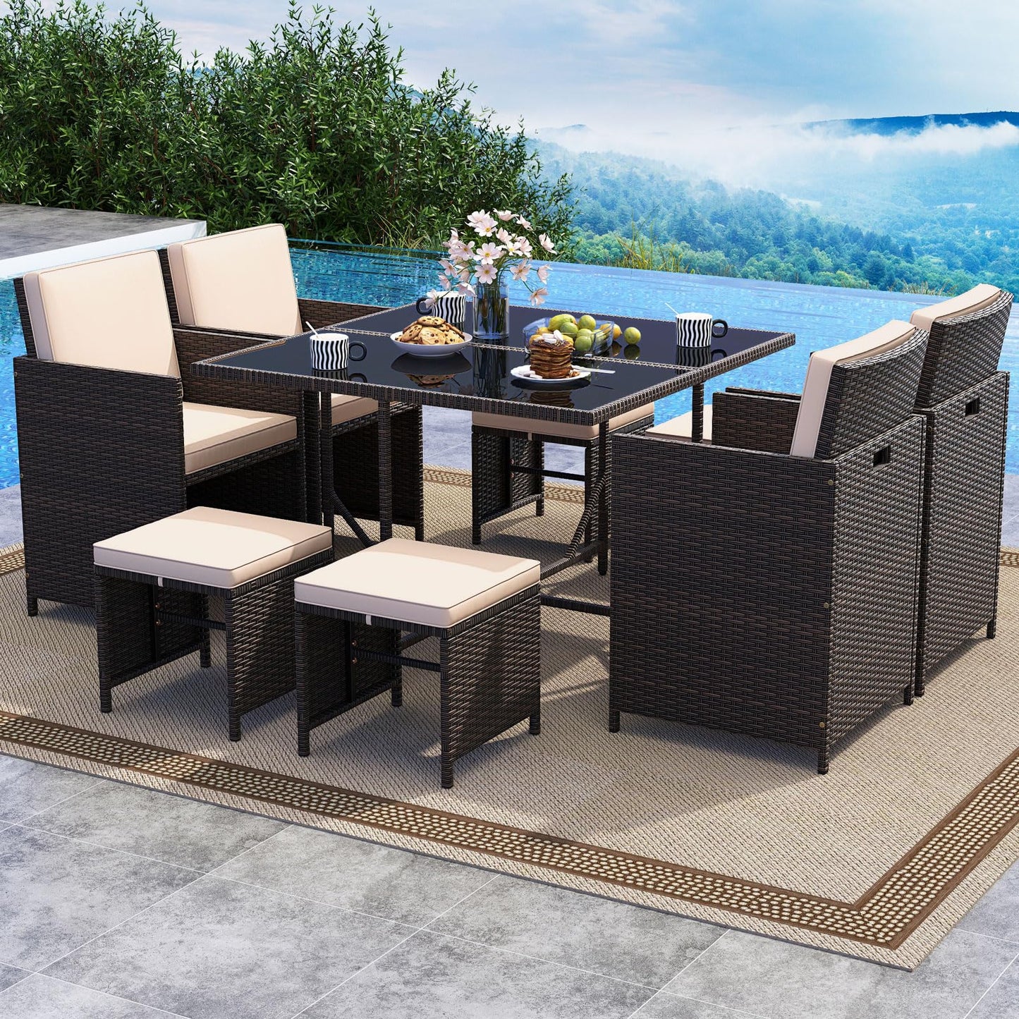 Tangkula 9 Piece Rattan Patio Dining Set