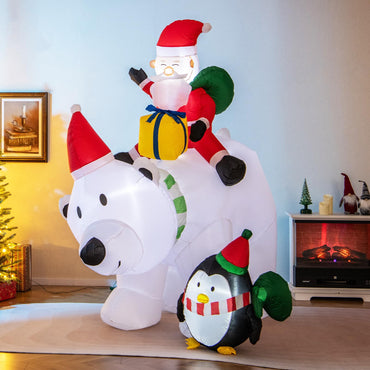 Tangkula 7.5 FT Christmas Inflatable Polar Bear, Blow up Santa Claus Riding Bear with Penguin, Gift Bags & Gift Box