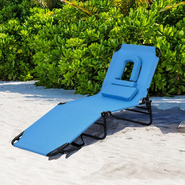 Folding Chaise Lounge Chair with Hole for Face, Outdoor 5-Position Adjustable Reclining Beach Sunbathing Chair