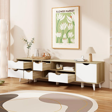 Meuble TV Tangkula pour téléviseurs jusqu'à 65 pouces, console TV moderne du milieu du siècle avec rangement, meuble télé avec 5 tiroirs et 3 étagères ouvertes