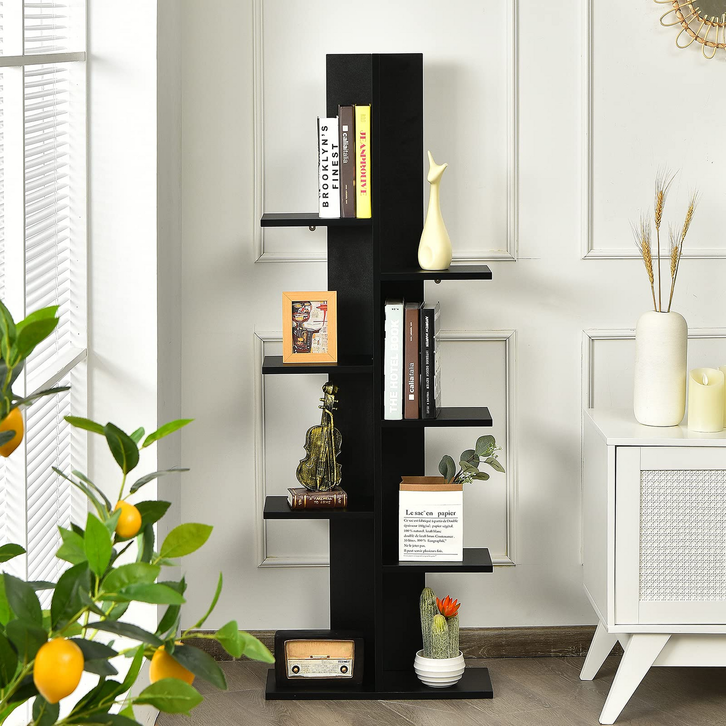 Tangkula Étagère à 8 niveaux, Bibliothèque en bois à 8 étagères, Séparateur de pièce en forme d'arbre