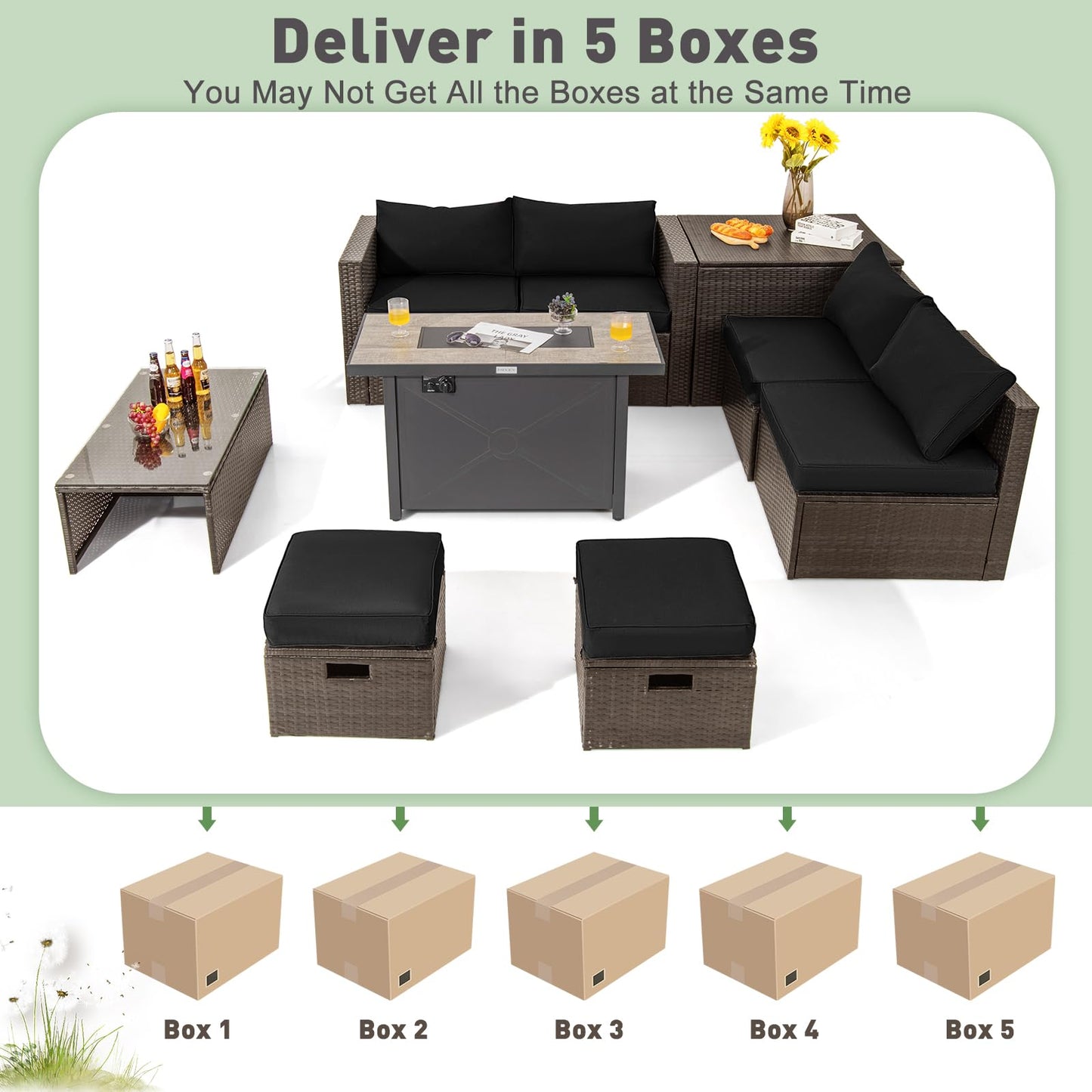 Tangkula 9 Pieces Patio 42” Propane Fire Pit Table Set, PE Wicker Space-Saving Set with Storage Box and Cushions, 60,000 BTU Fire Pit Table