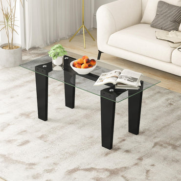 Tangkula Glass Coffee Table, 39.5 Inch Modern Rectangular Center Table with Solid Rubber Wood Leg(Rectangular, Black)