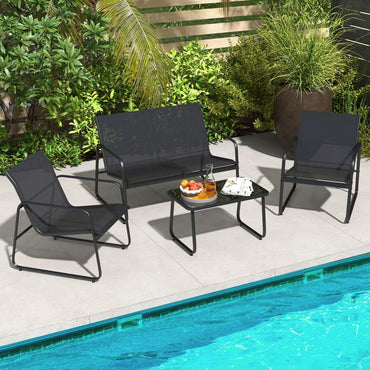 Ensemble de meubles de patio Tangkula 4 pièces, ensemble de conversation extérieur avec table basse en verre trempé