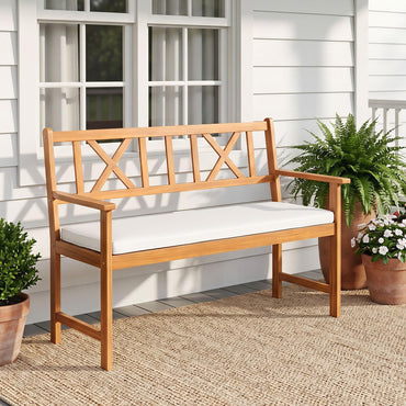 Tangkula 2-Person Acacia Wood Outdoor Bench with Cushion
