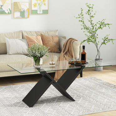 Tangkula Table basse rectangulaire en verre, table de salon moderne de 119 cm avec plateau en verre trempé et cadre géométrique en bois d'hévéa
