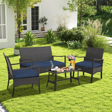 Ensemble de conversation d'extérieur 4 pièces Tangkula, canapé de patio en résine tressée avec table basse en verre trempé