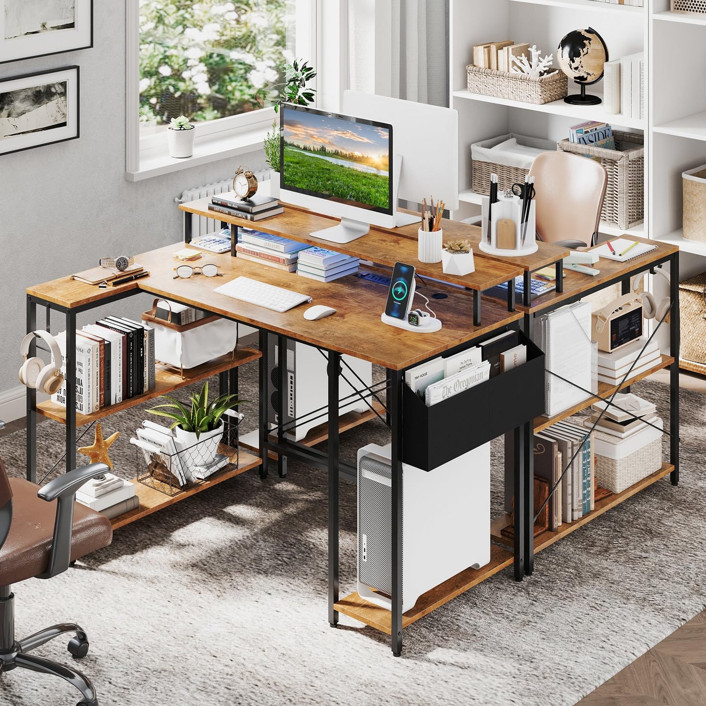 Tangkula L-Shaped Gaming Desk with LED Lights & Power Outlets