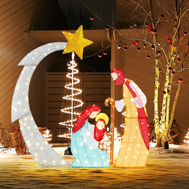 Tangkula 5 FT Lighted Christmas Nativity Scene Set, Outdoor Holy Family Decoration with 140 Warm White LED Lights