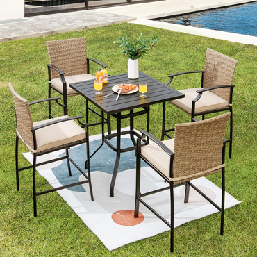 Tangkula 5 Pieces Outdoor Patio Bar Set, Rattan Bistro Set W/ 4 Wicker Bar Stools & 1 Bar Table