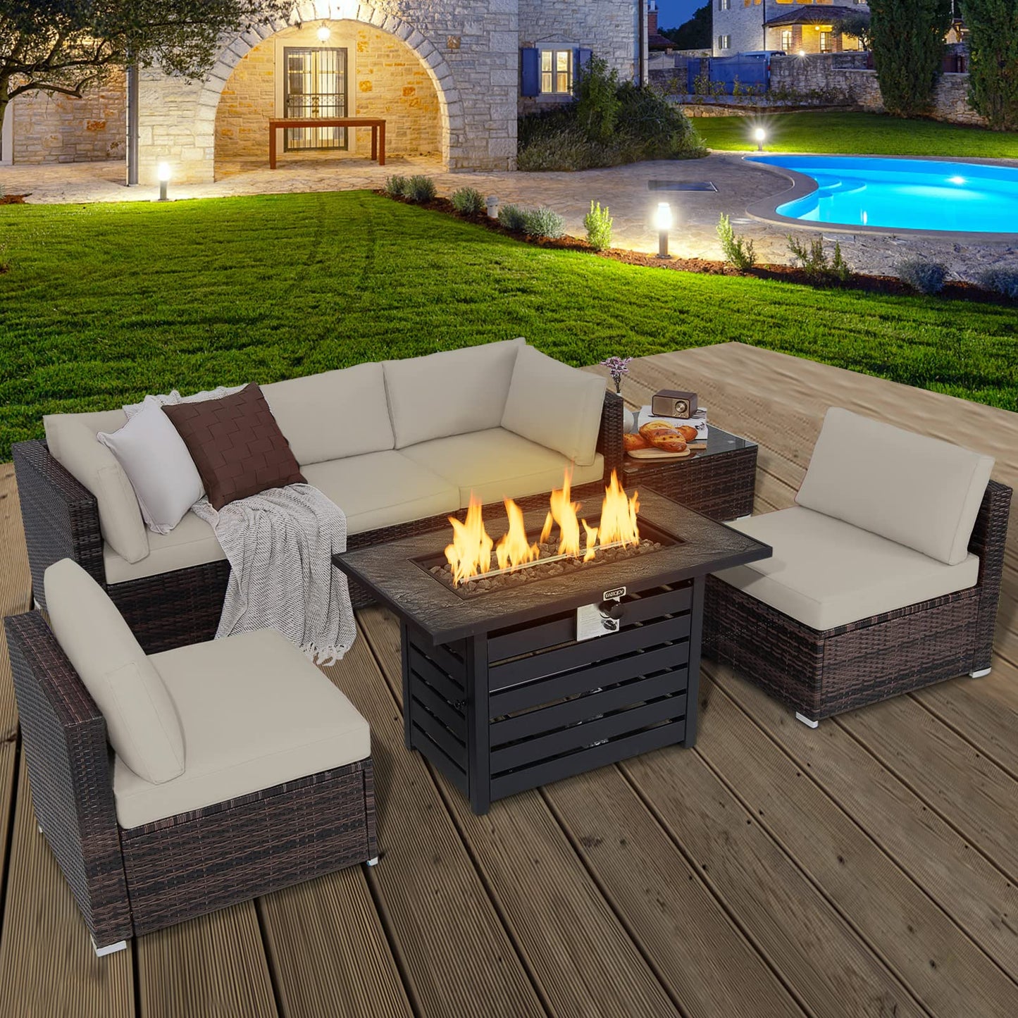 Tangkula 7 Piece Outdoor Patio Furniture Set with 42" Propane Fire Pit Table