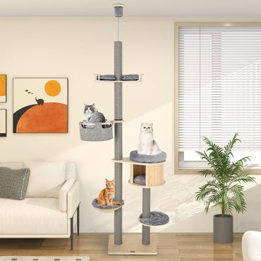 Arbre à chat Tangkula du sol au plafond, Tour à chat haute à 5 niveaux avec hauteur réglable (254-279 cm) pour grands chats