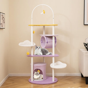 Tangkula Arbre à Chat Mignon, Grande Tour à Chat Multi-Niveaux de 62 Pouces avec Cadre Métallique, Perchoir Supérieur en Forme de Lune