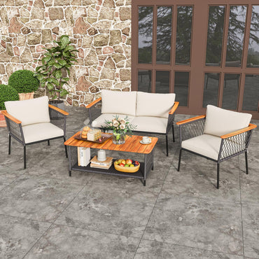 Tangkula Ensemble de mobilier de jardin 4 pièces, ensemble de chaises en rotin Patiojoy avec table basse à 2 niveaux