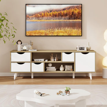 Meuble TV Tangkula pour téléviseurs jusqu'à 55", console TV moderne du milieu du siècle avec rangement, meuble de télévision avec 4 tiroirs et 2 étagères ouvertes