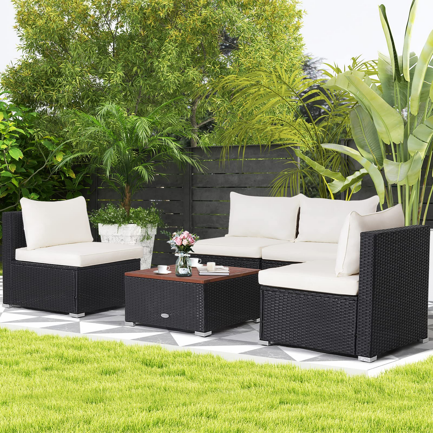 Tangkula 5-Piece Outdoor Patio Furniture Set, Patiojoy PE Wicker Conversation Set with Cushions and Coffee Table