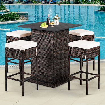 Tangkula Ensemble de bar extérieur en rotin 5 pièces, mobilier de bar de patio avec 4 tabourets rembourrés et table à plateau lisse